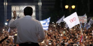 Greek Prime Minister Alexis Tsipras delivers a speech at an anti-austerity rally in Syntagma Square in Athens