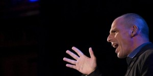 Former Greek Finance Minister Yanis Varoufakis gestures as he speaks at meeting organised by the People's Assembly in London, Britain