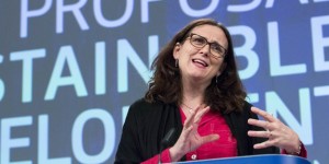 European Trade Commissioner Malmstrom addresses a news conference on the publication of the EU proposal on sustainable development in the negotiations for the TTIP in Brussels